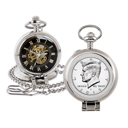 Proof JFK Half Dollar Coin Pocket Watch with Skel